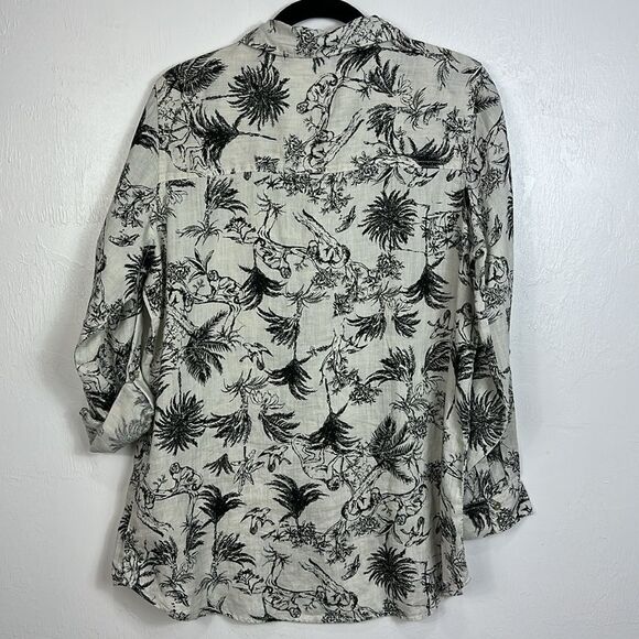 Joie Black And Cream Linen Tropical Jungle Print Button Down Shirt Size L - Picture 3 of 7